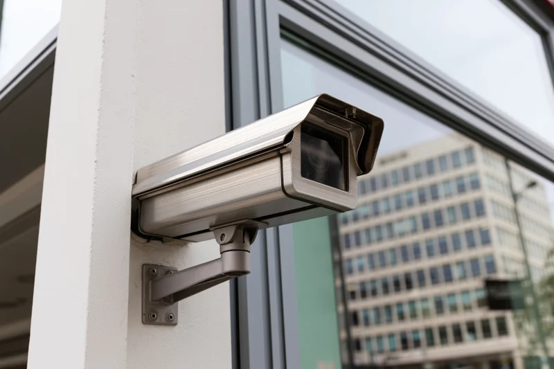 Gray metal cctv security camera mounted on wall bracket outside modern building