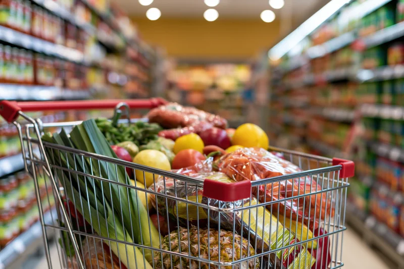 Shopping cart filled with fresh produce and groceries in a supermarket aisle
