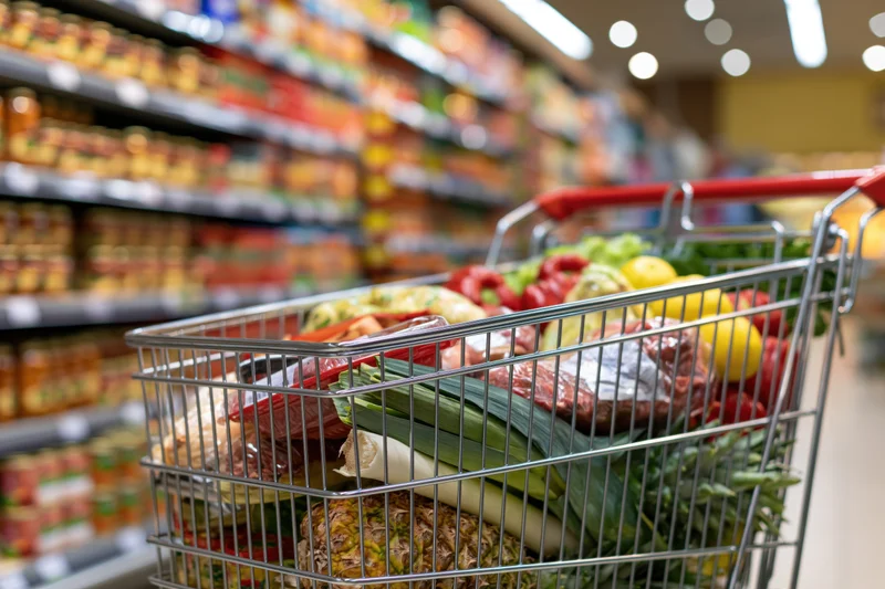 Shopping cart filled with fresh produce in a supermarket aisle