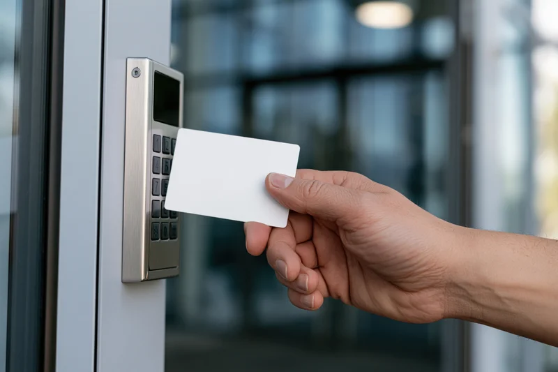 Hand holding white access card near electronic keypad door in office building