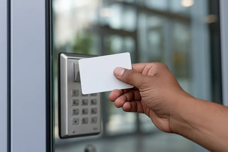 Hand holding white access card near keypad door lock in office building