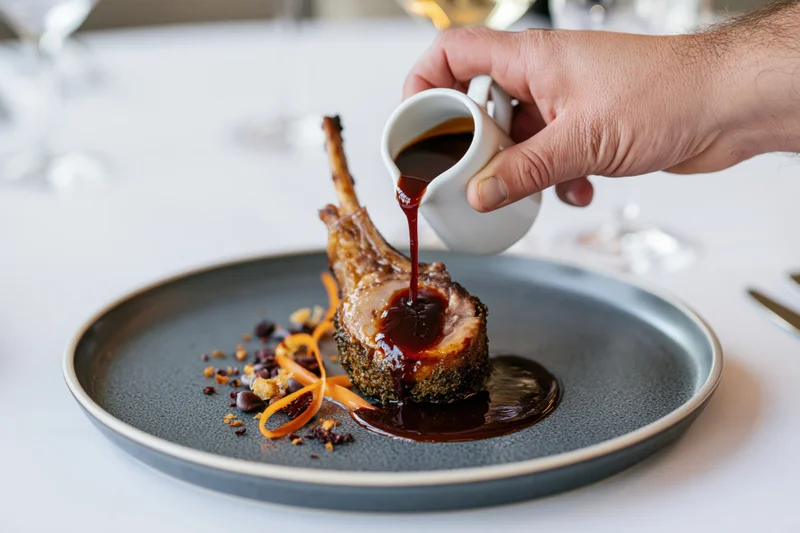 Hand pouring dark red jus from a small white ceramic pitcher onto a lamb chop on a gray plate in a fine dining setting