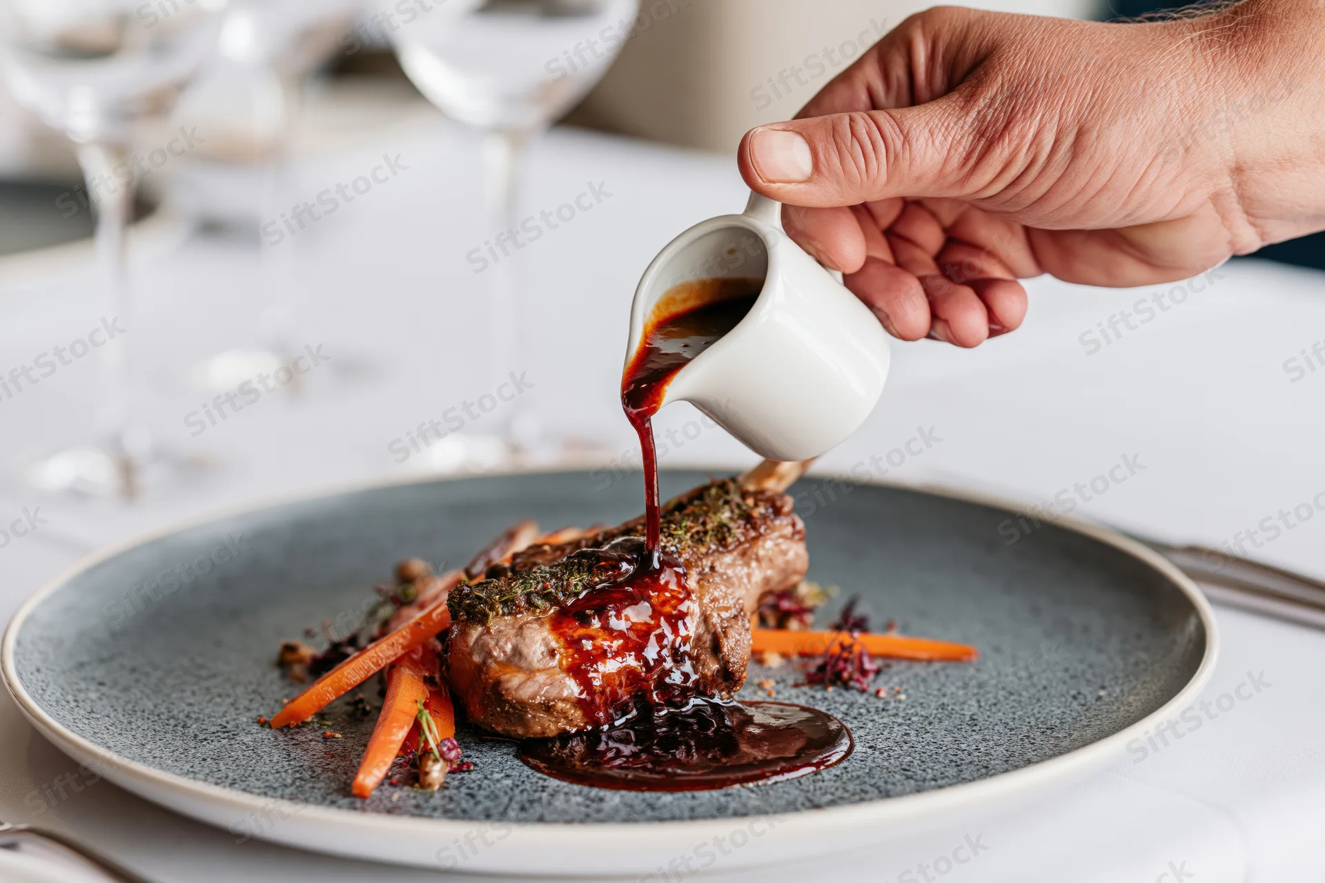 Hand pouring dark red jus from a small white ceramic pitcher onto a plated lamb chop at a fine dining table