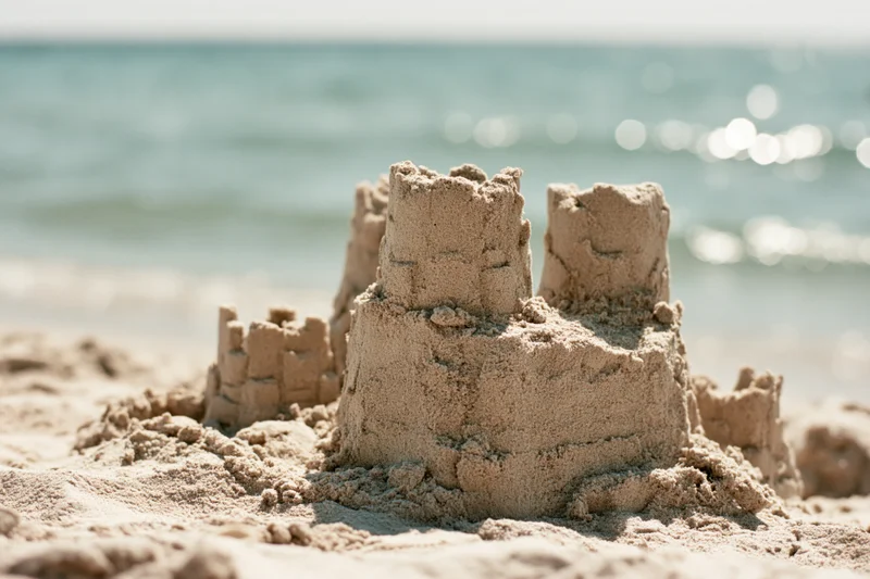 Handmade sandcastle with three uneven towers on a sandy beach near the ocean