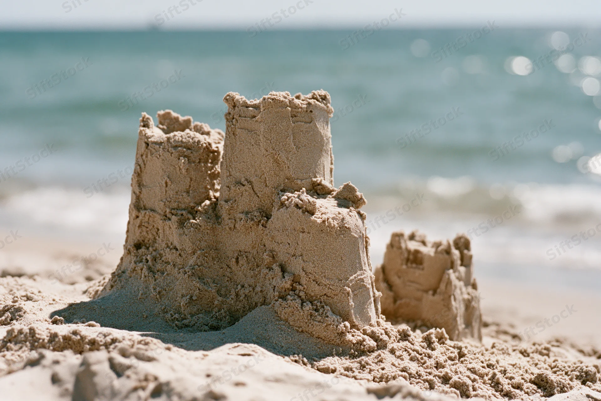 Handmade sandcastle with three uneven towers on a sandy beach near the ocean