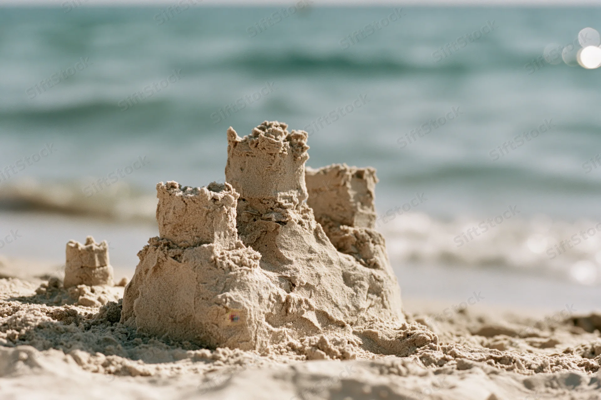 Handmade sandcastle with three uneven towers on a sandy beach near the ocean