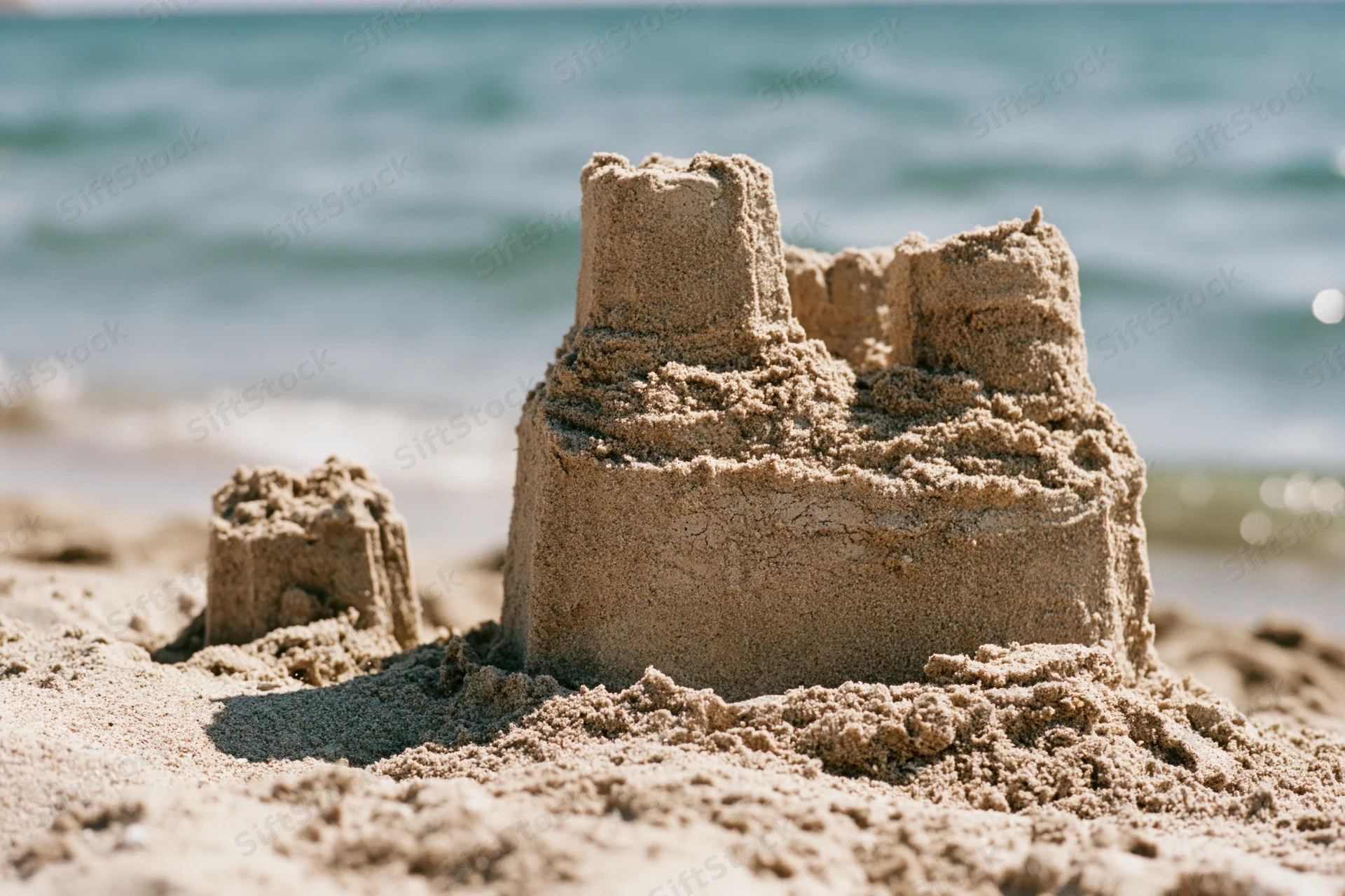 Handmade sandcastle with three uneven towers on a sandy beach near the ocean