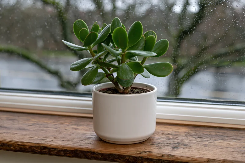 Jade plant in white ceramic pot on wooden windowsill by rainy window