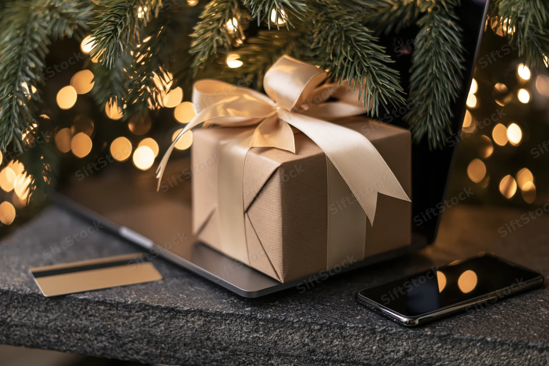 Gift box with ribbon on laptop beside smartphone and credit card under christmas tree lights