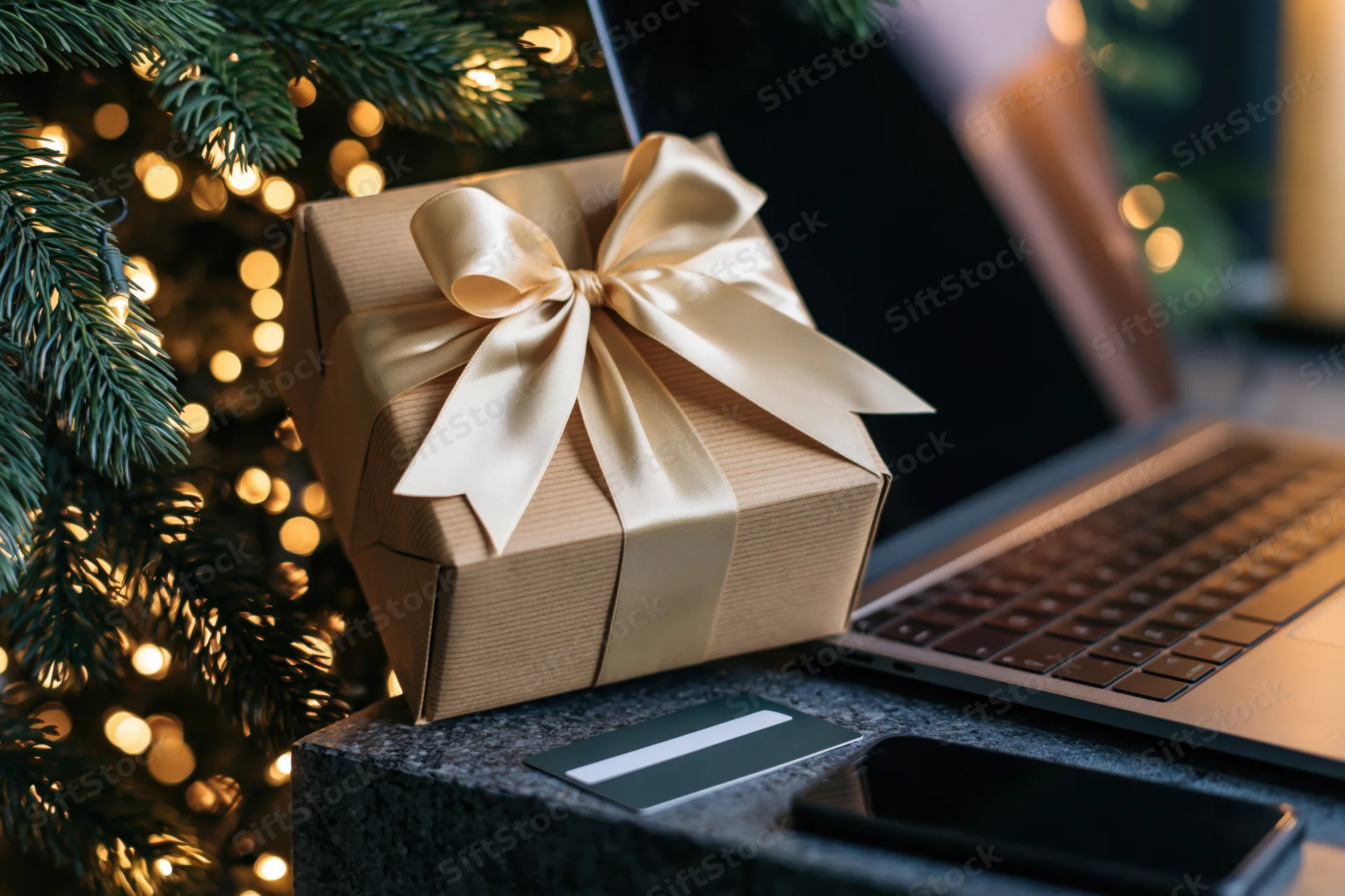 Gift box with cream ribbon bow on desk beside laptop and smartphone near decorated christmas tree with lights