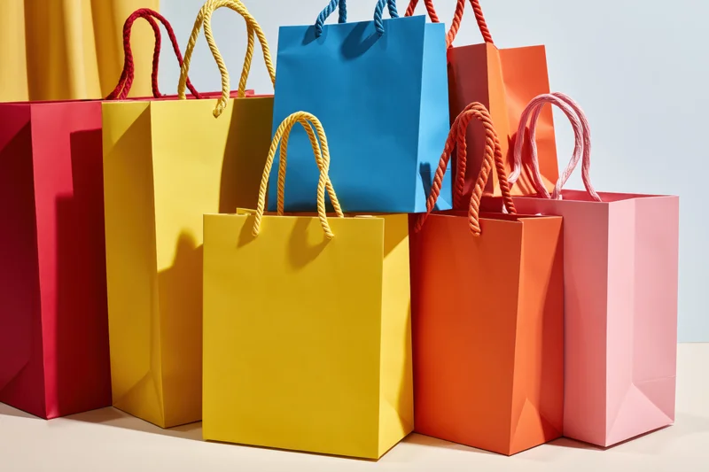 Colorful paper shopping bags arranged in a row on a white surface with soft shadows