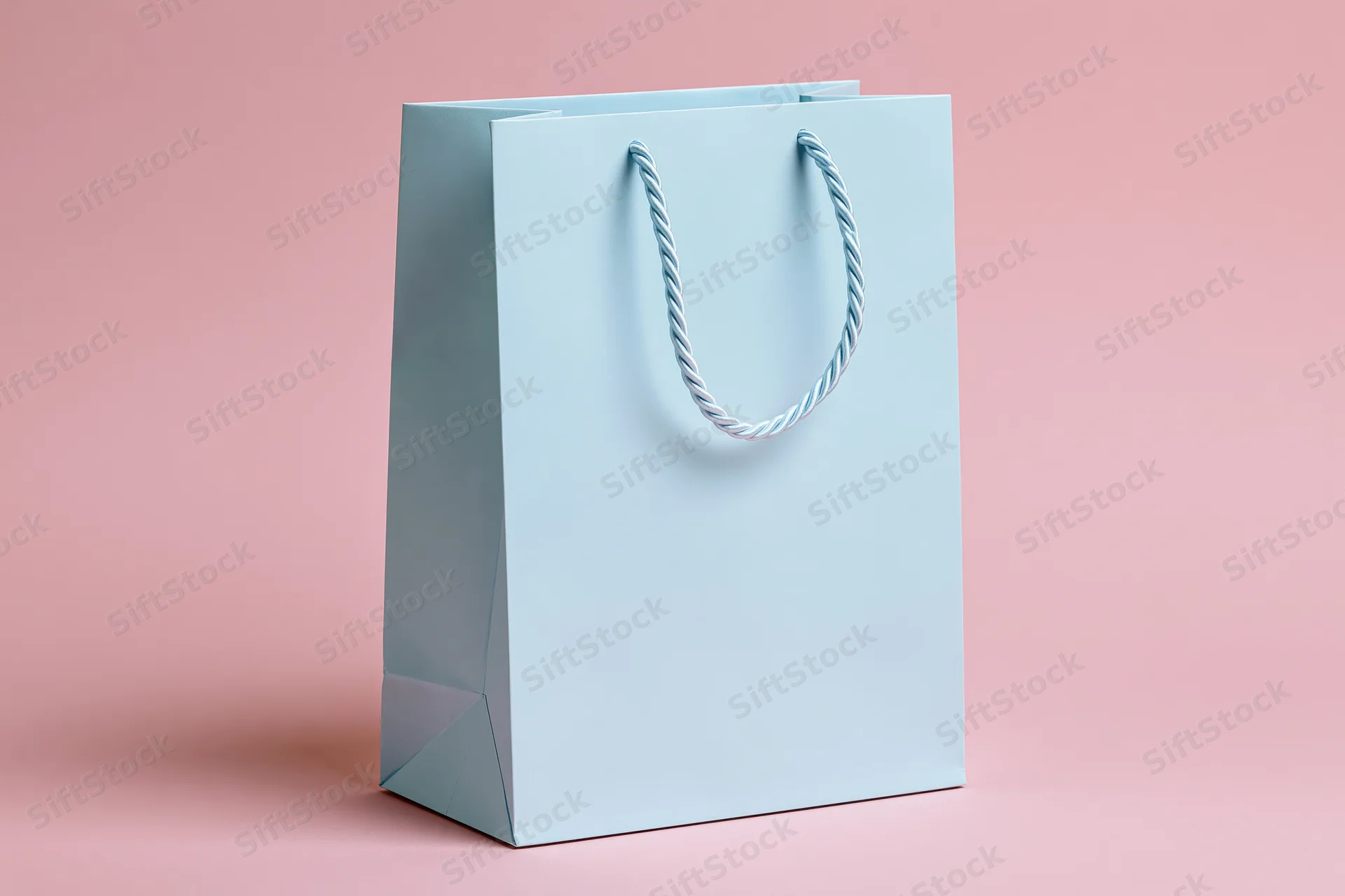 Light blue paper shopping bag with twisted rope handles on pink background