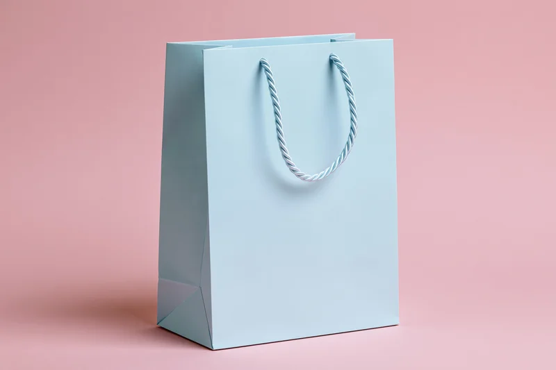 Light blue paper shopping bag with twisted rope handles on pink background