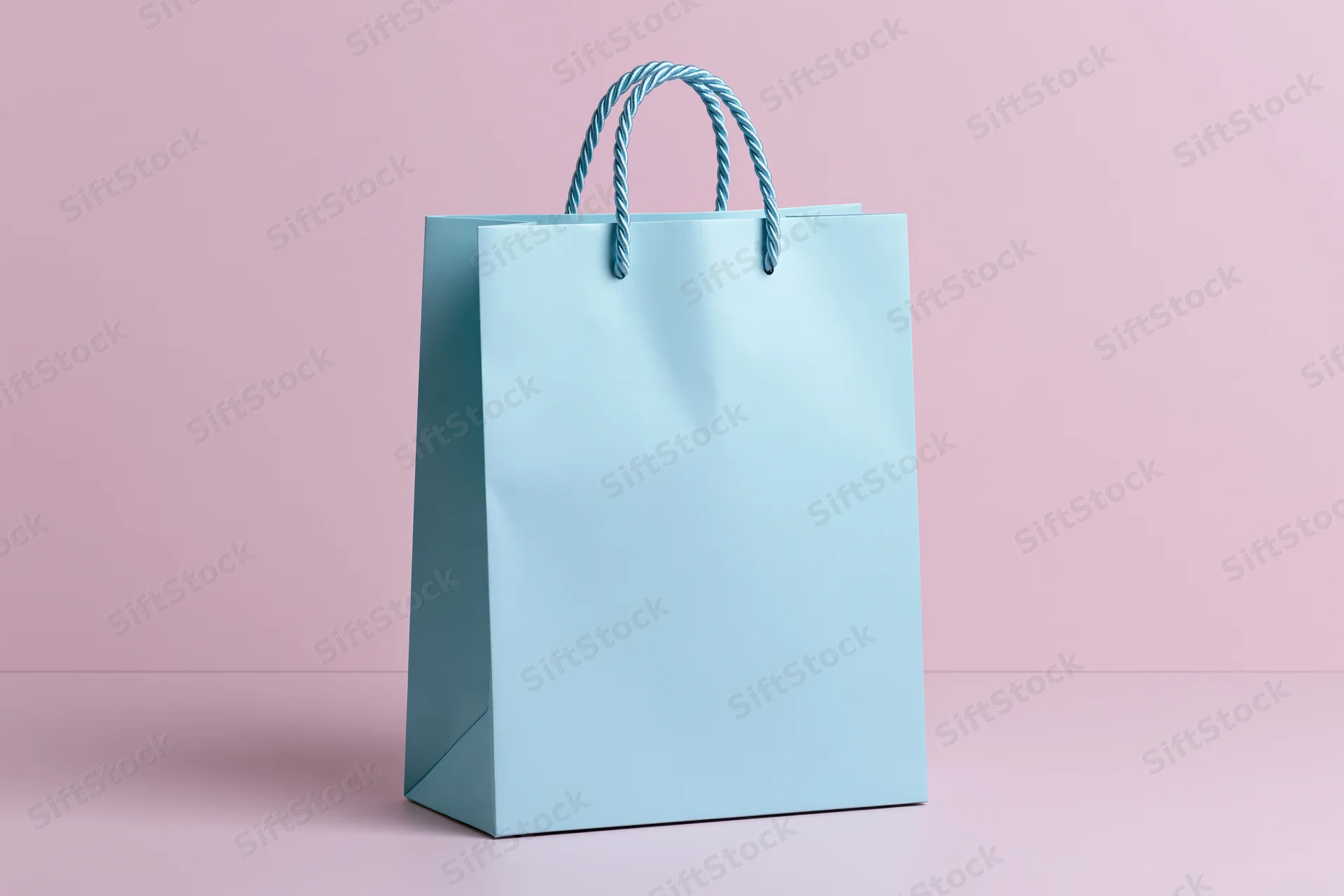 Light blue paper shopping bag with twisted rope handles standing on pink surface