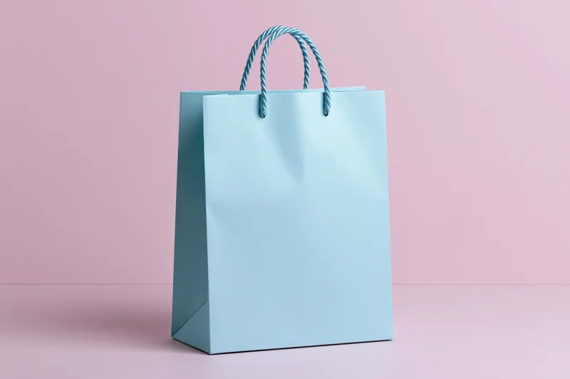 Light blue paper shopping bag with twisted rope handles standing on pink surface