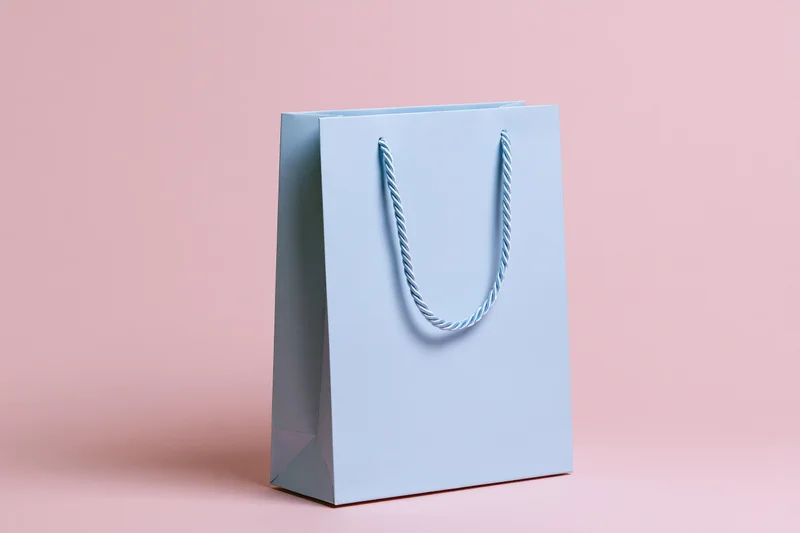 Light blue paper shopping bag with twisted rope handles on pink background