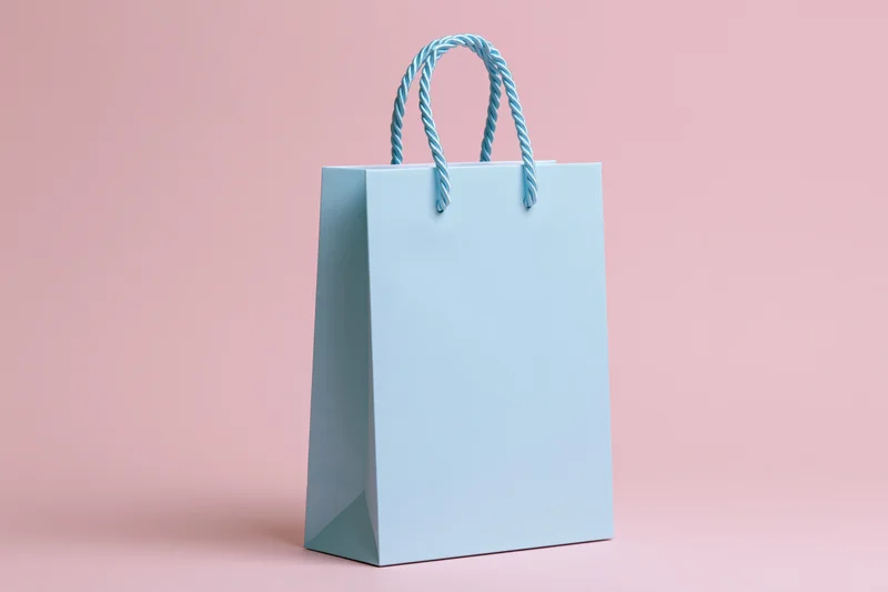 Light blue paper shopping bag with twisted rope handles on pink background