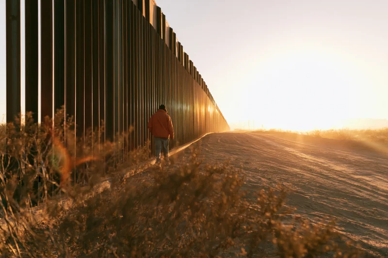 Man walking along a metal border fence in a desert at sunset