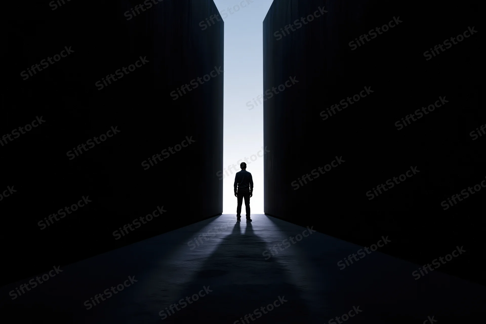 Silhouette of a man standing still at the end of a narrow dark hallway with light at the far end