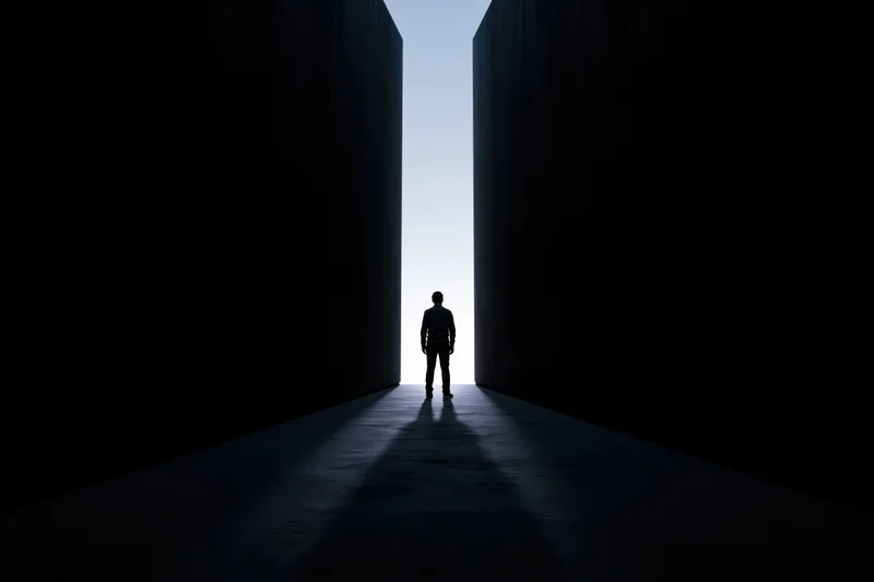 Silhouette of a man standing still at the end of a narrow dark hallway with light at the far end