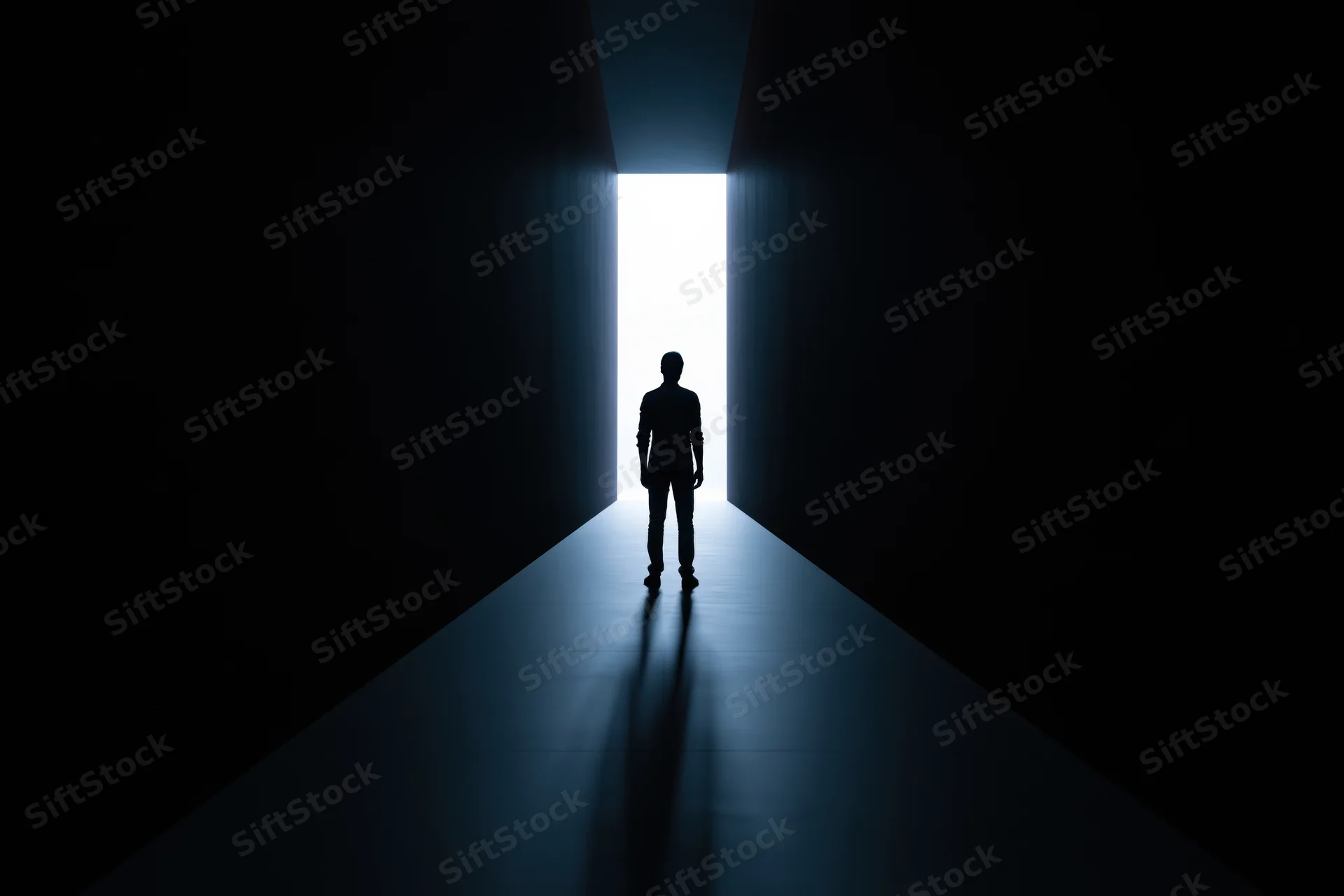 Silhouette of a man standing still at the end of a dark hallway facing bright light
