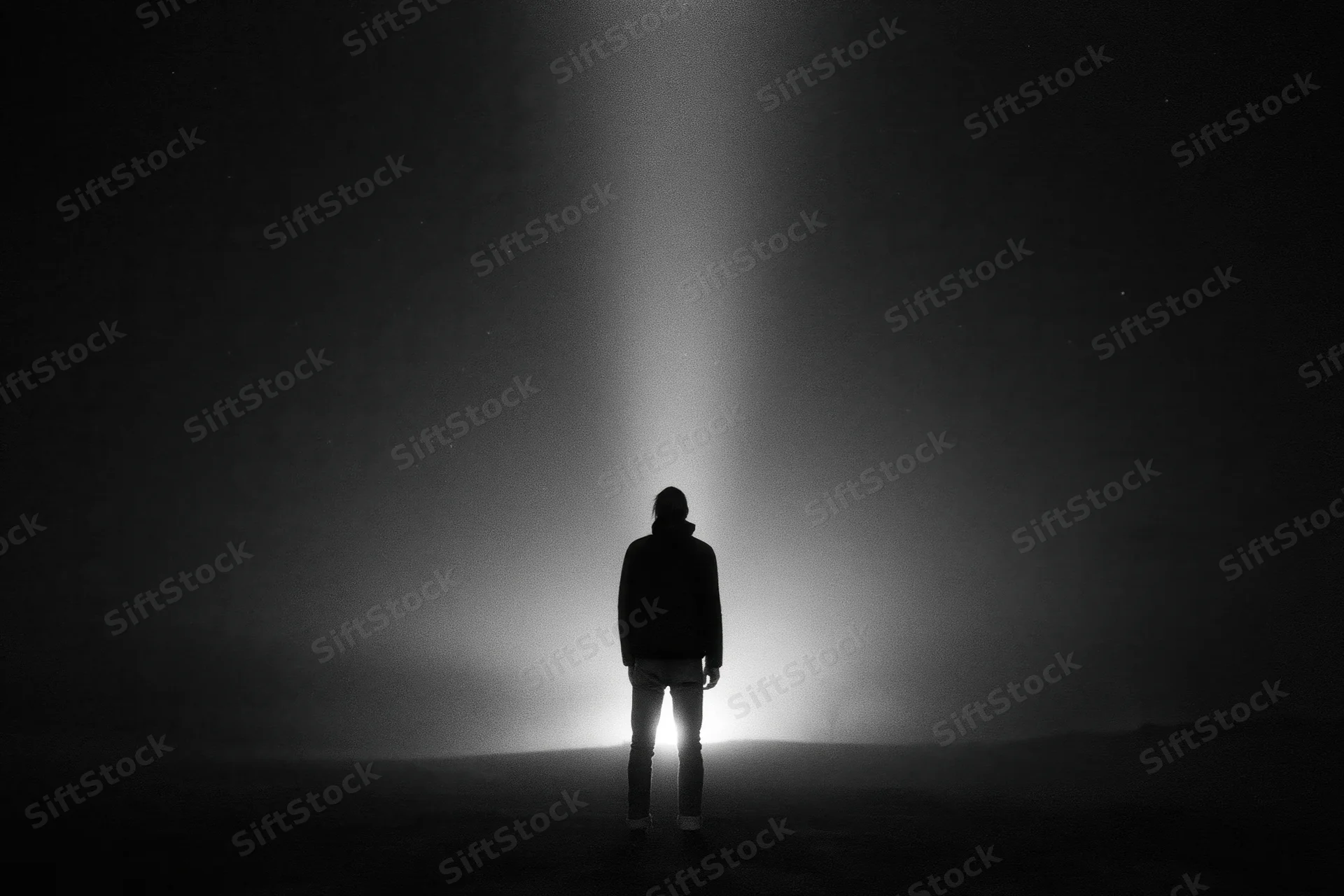 Silhouette of a person standing alone in a dark landscape illuminated by a vertical beam of light from above