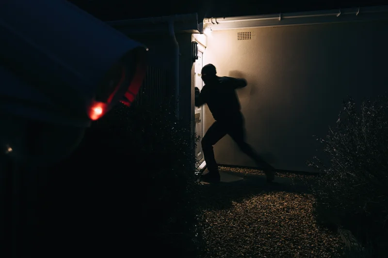 Masked burglar attempting to break into a residential door at night, silhouetted against light, viewed by surveillance camera