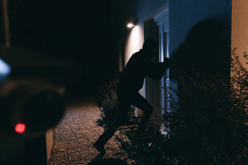 Silhouette of intruder attempting to break into house at night through door