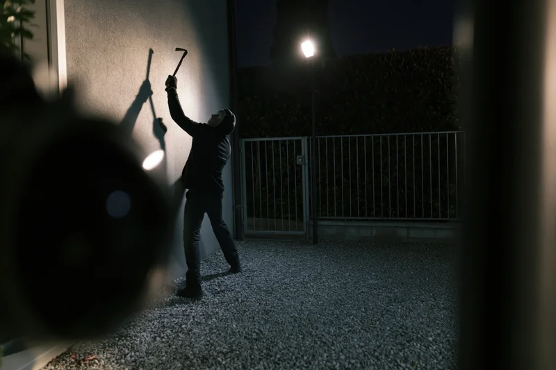 Hooded burglar raising crowbar against wall at night near gate