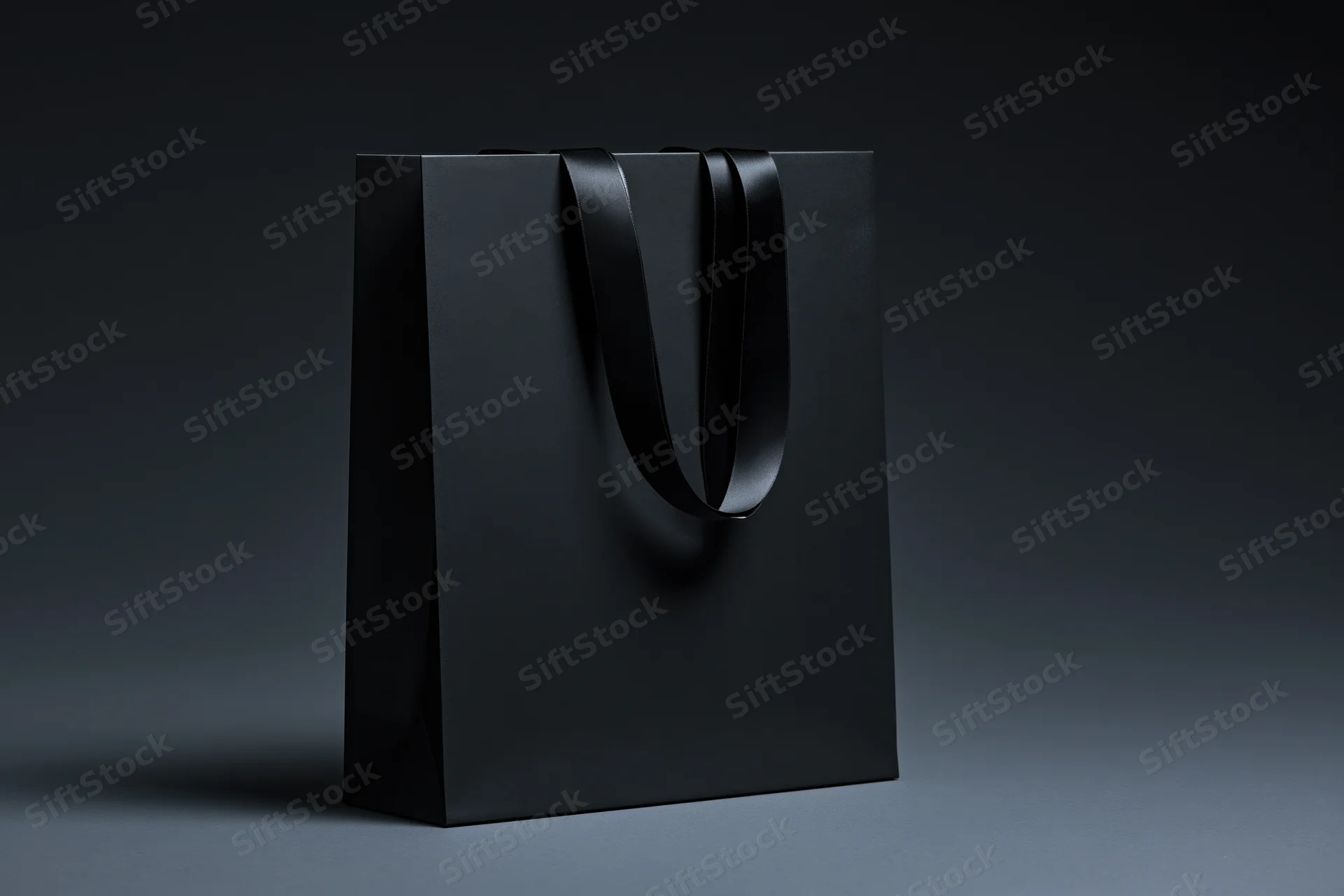 Matte black paper shopping bag with glossy ribbon handles on dark studio background