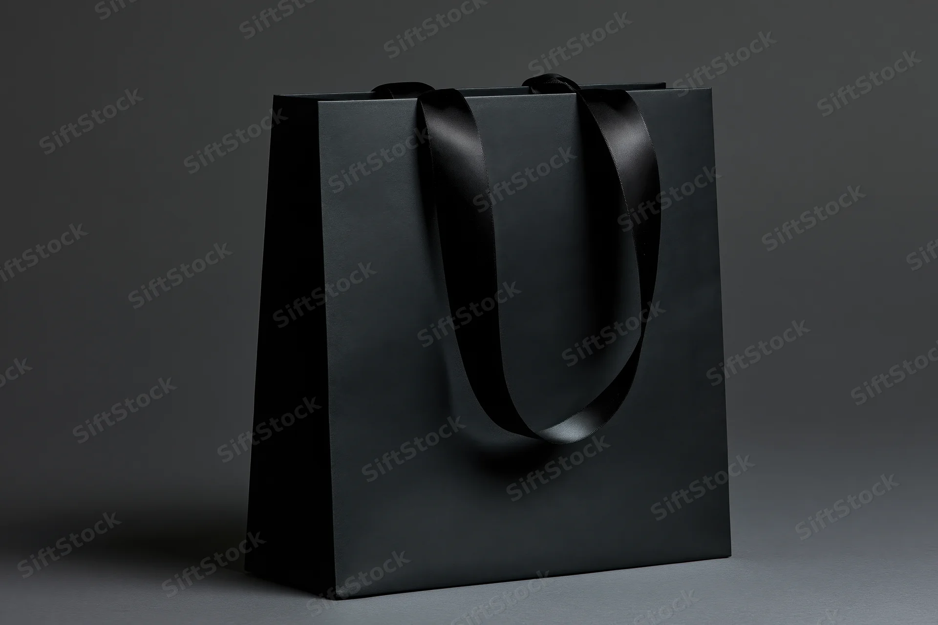 Matte black paper shopping bag with glossy ribbon handles on dark studio background