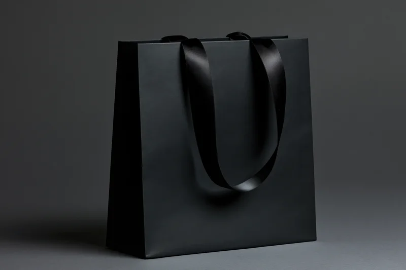 Matte black paper shopping bag with glossy ribbon handles on dark studio background