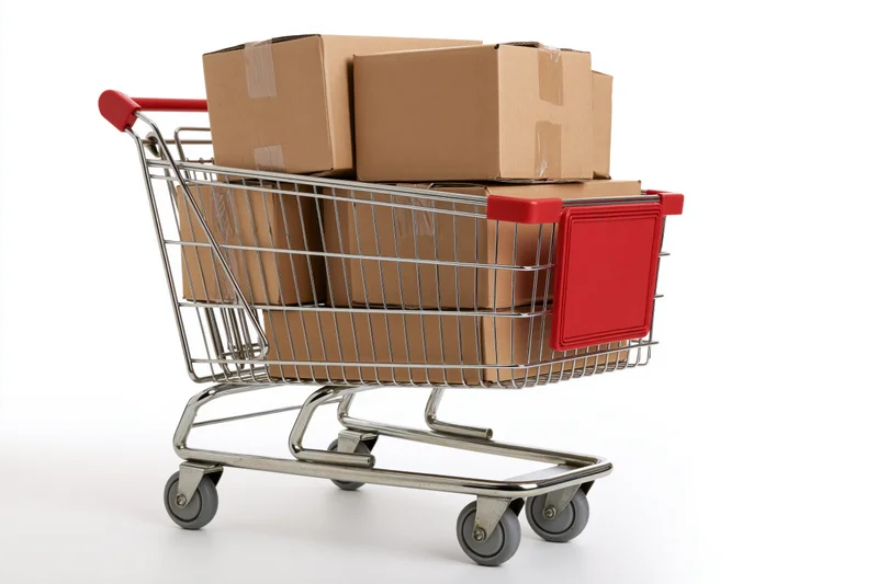 Metal shopping cart filled with cardboard boxes on white background