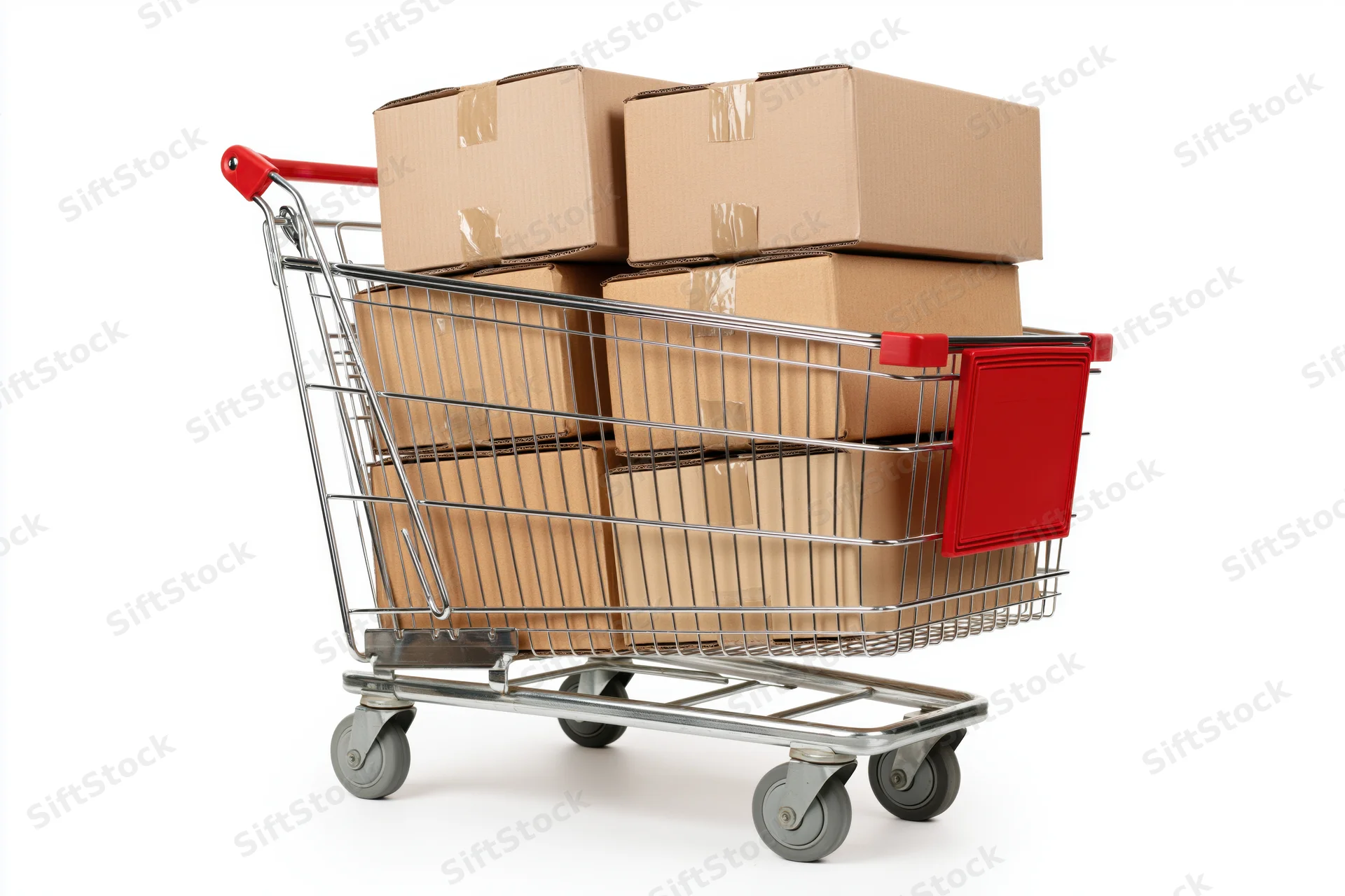 Metal shopping cart filled with cardboard boxes on white background