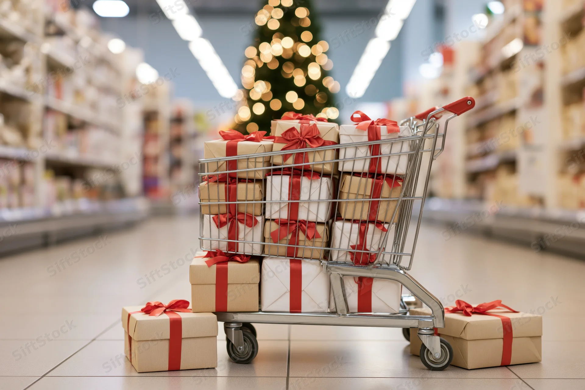 Metal shopping cart overflowing with wrapped gift boxes tied with red ribbons in a supermarket aisle with a lit christmas tree in the background