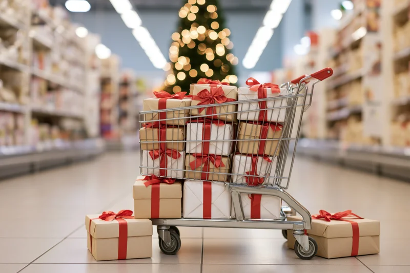 Metal shopping cart overflowing with wrapped gift boxes tied with red ribbons in a supermarket aisle with a lit christmas tree in the background