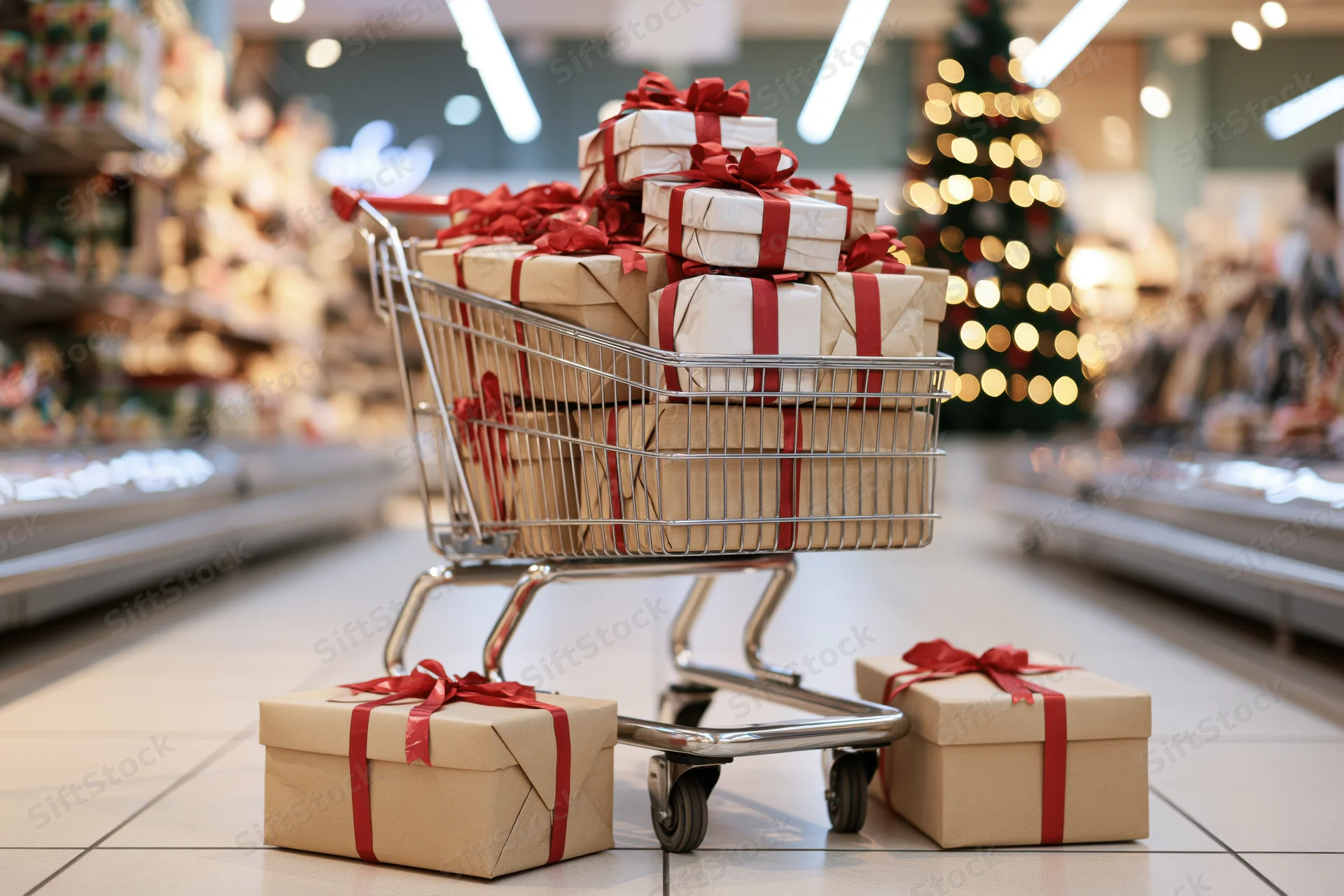 Metal shopping cart overflowing with wrapped gift boxes in a supermarket aisle near a decorated christmas tree