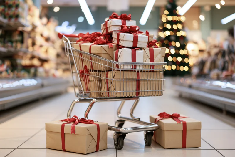 Metal shopping cart overflowing with wrapped gift boxes in a supermarket aisle near a decorated christmas tree