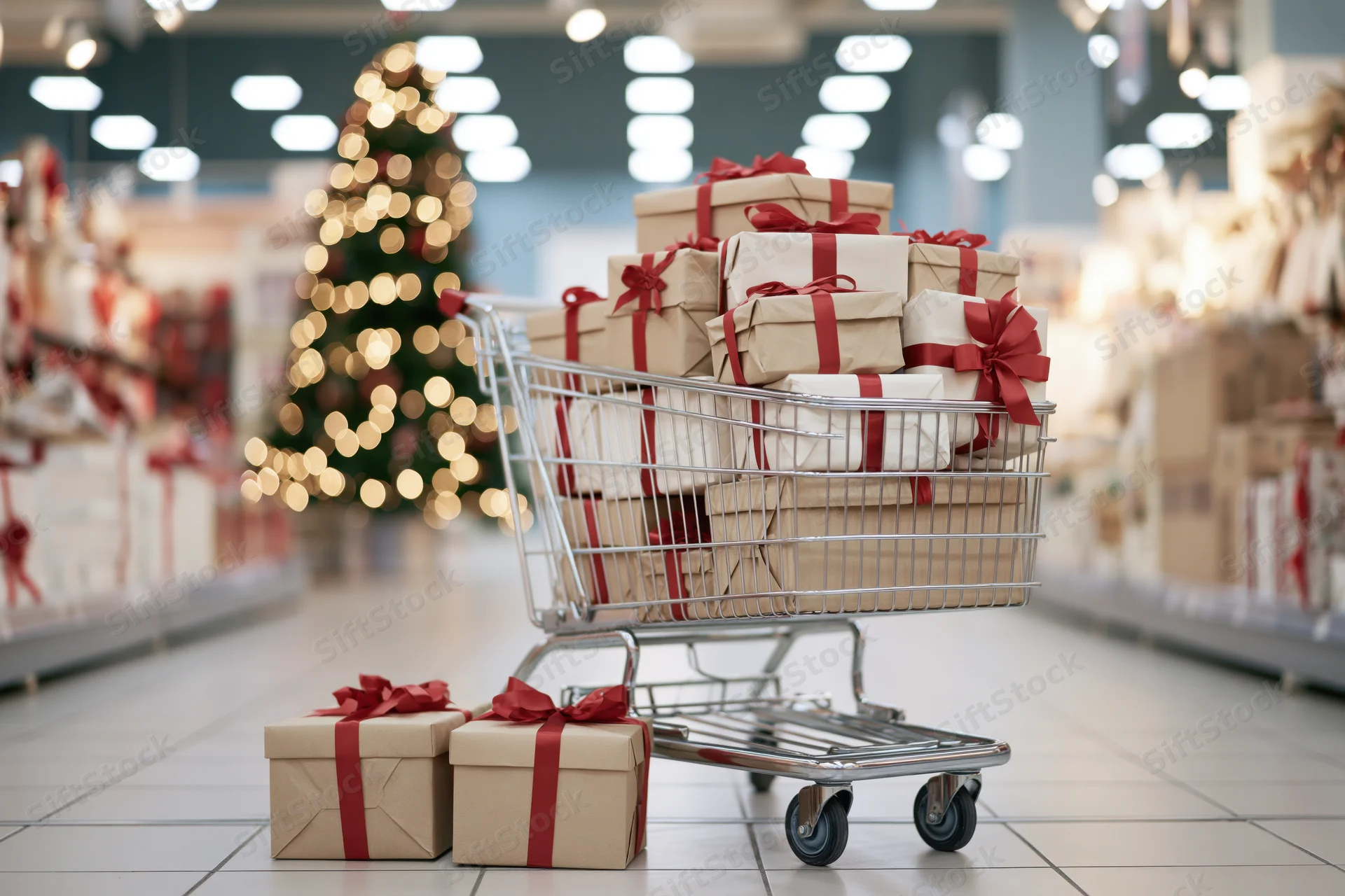 Metal shopping cart overflowing with wrapped gift boxes in a supermarket aisle during christmas season
