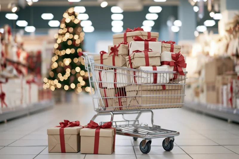 Metal shopping cart overflowing with wrapped gift boxes in a supermarket aisle during christmas season