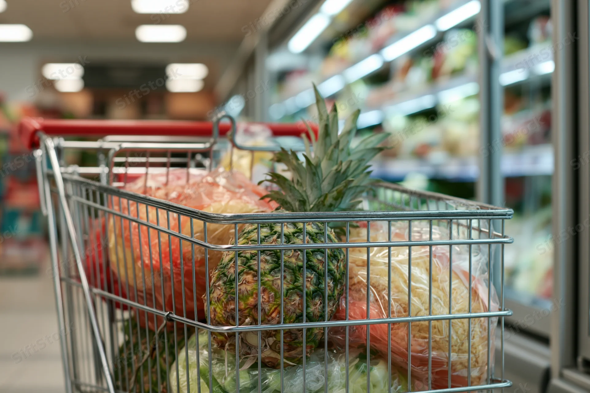 Metal shopping cart filled with groceries including pineapple and vegetables in supermarket aisle