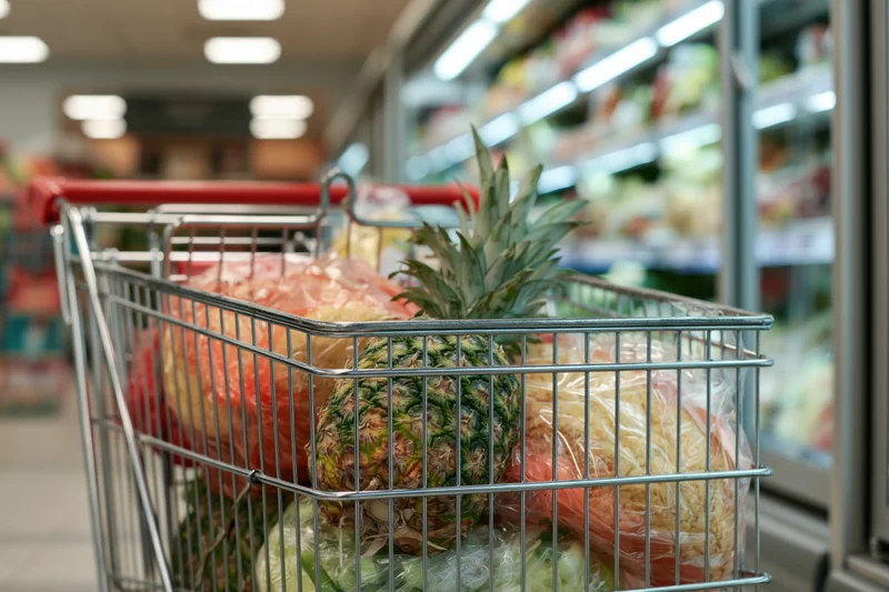 Metal shopping cart filled with groceries including pineapple and vegetables in supermarket aisle