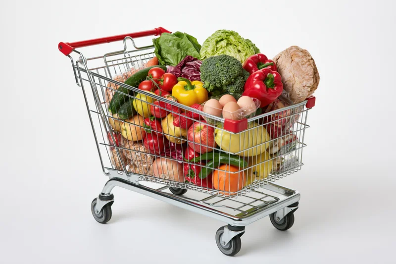 Metal shopping cart filled with fresh fruits and vegetables on white background