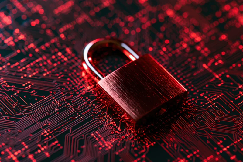 Metallic padlock glowing red on a circuit board surface