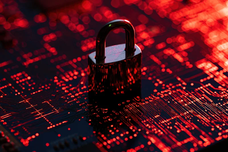 Metallic padlock glowing red on a circuit board surface