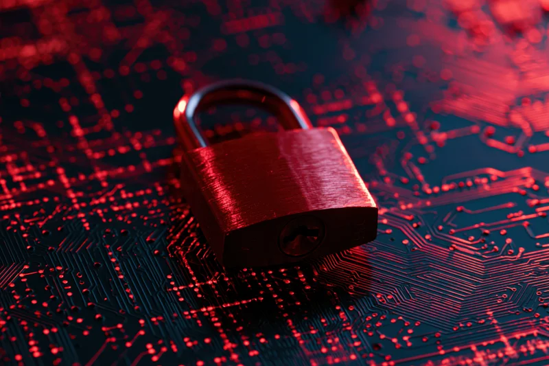 Metallic padlock glowing red on a circuit board surface