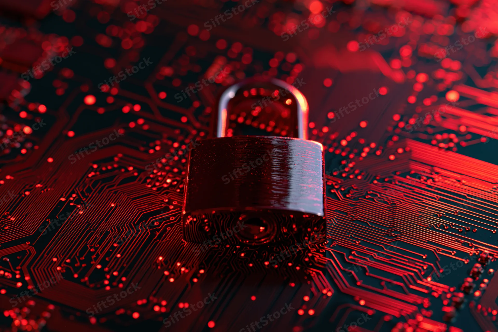 Metallic padlock glowing red on a circuit board surface