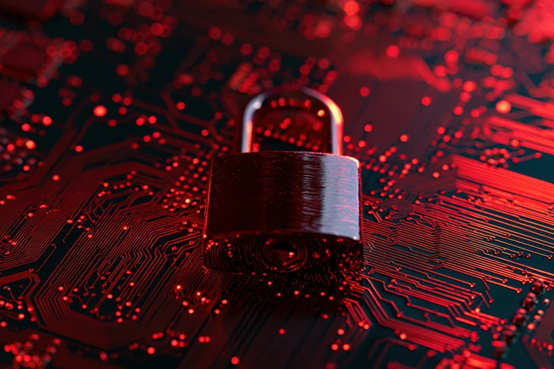 Metallic padlock glowing red on a circuit board surface