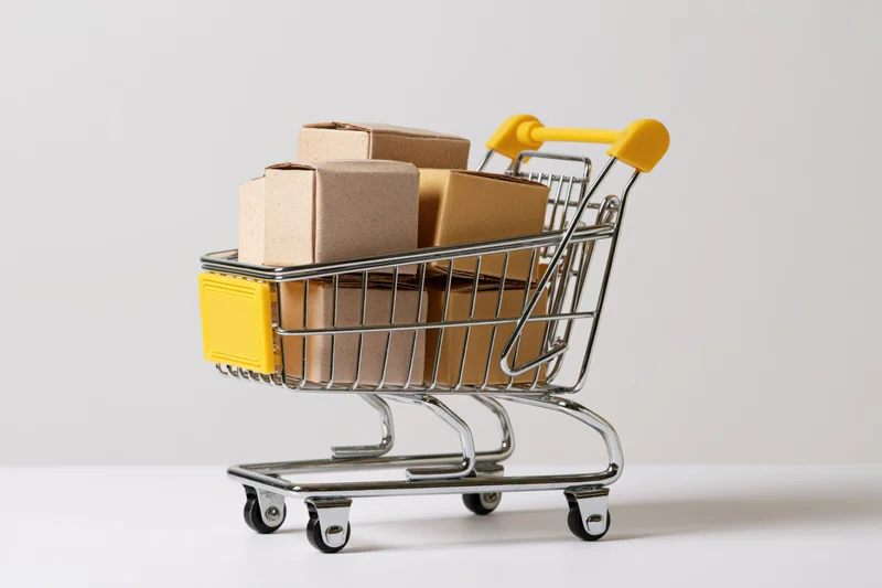 Miniature metal shopping cart filled with cardboard boxes on white surface