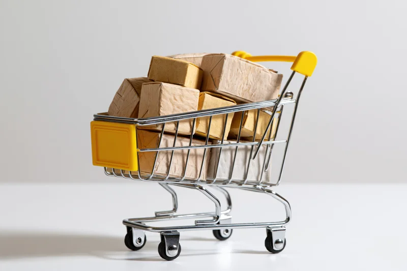 Miniature metal shopping cart filled with cardboard boxes on white surface